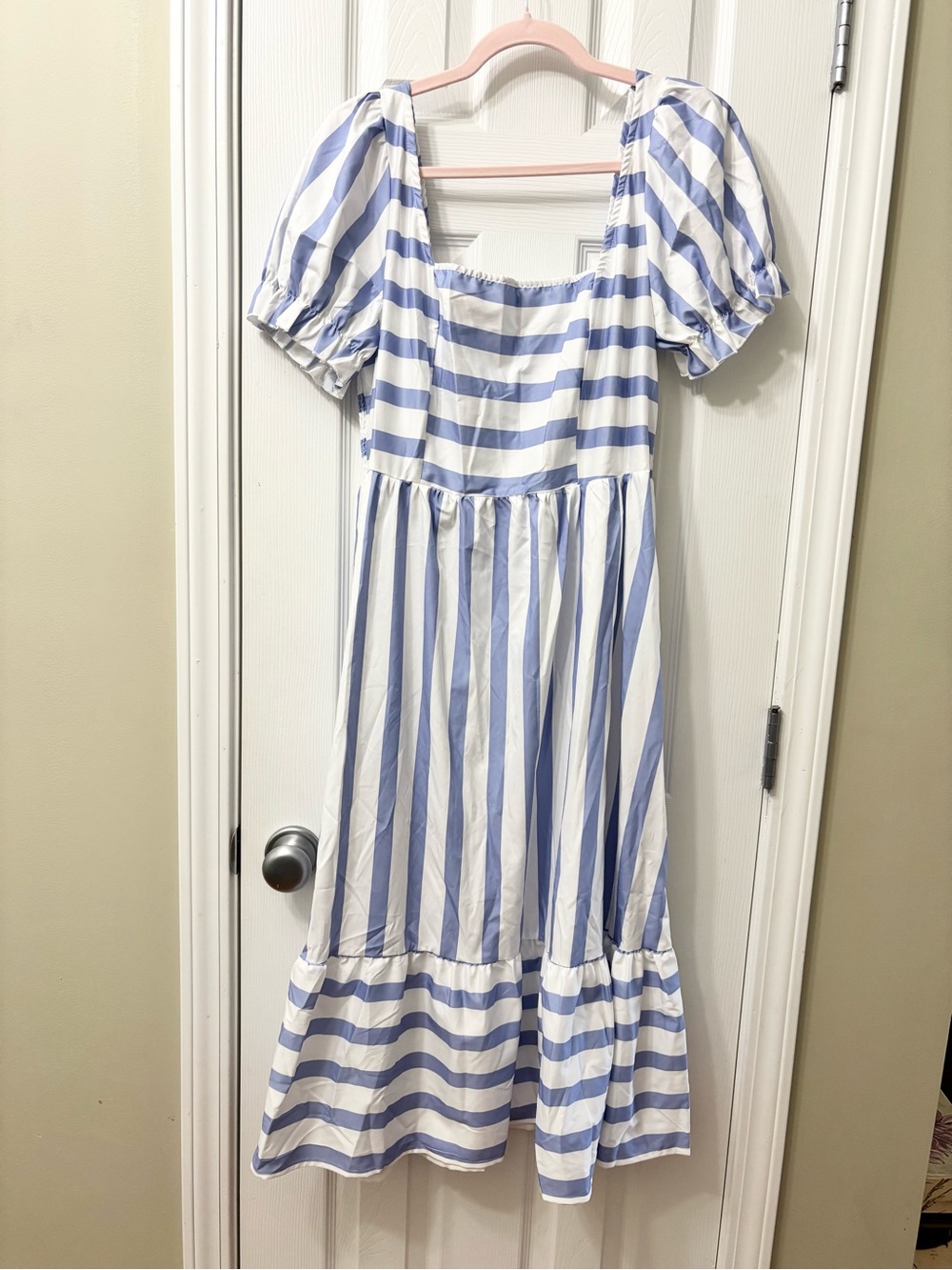 Shein Curve Blue & White Striped Square Neck Puff Sleeve Midi Dress Plus Size 0X - Picture 3 of 8
